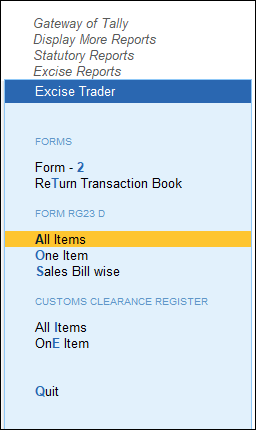 Path to View Excise Stock CENVAT Register in TallyPrime