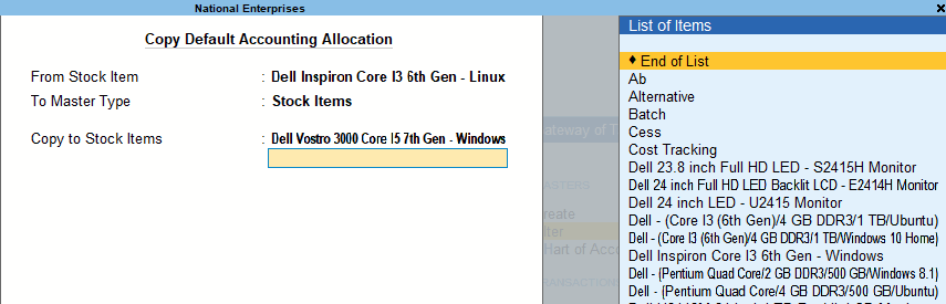 Select Item While Copying Default Accounting Allocation in TallyPrime