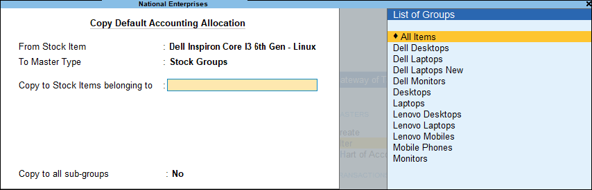 Select Group from the List of Groups While Copying Default Accounting Allocation in TallyPrime