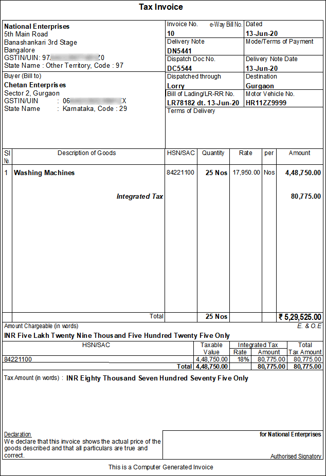 Sales Invoice Gst In Tally - New Invoice