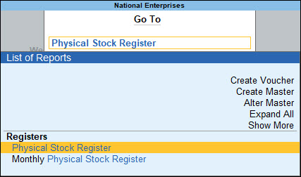 Open Physical Stock Register from Go To