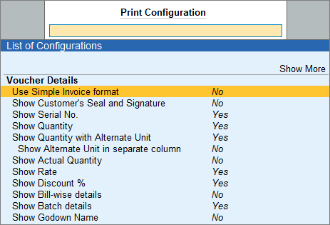 Print configurations in TallyPrime