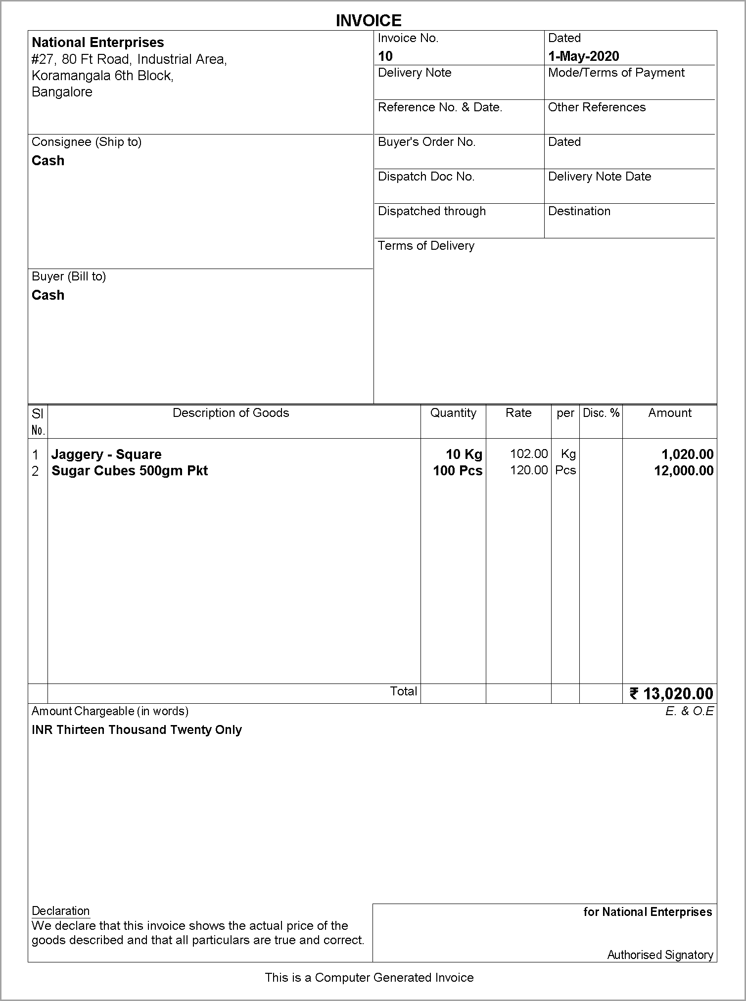 Invoice printed from TallyPrime