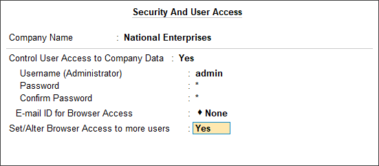 Set/Alter Browser Access to More Users to Yes in the Security And User Access Screen in TallyPrime