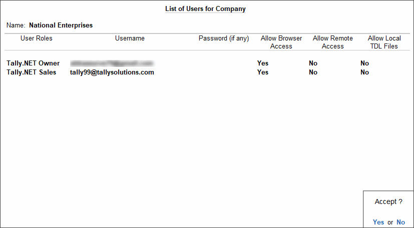 List of Users for Company - TallyPrime Reports in Browser