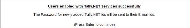 Users enabled with Tally.NET Services successfully