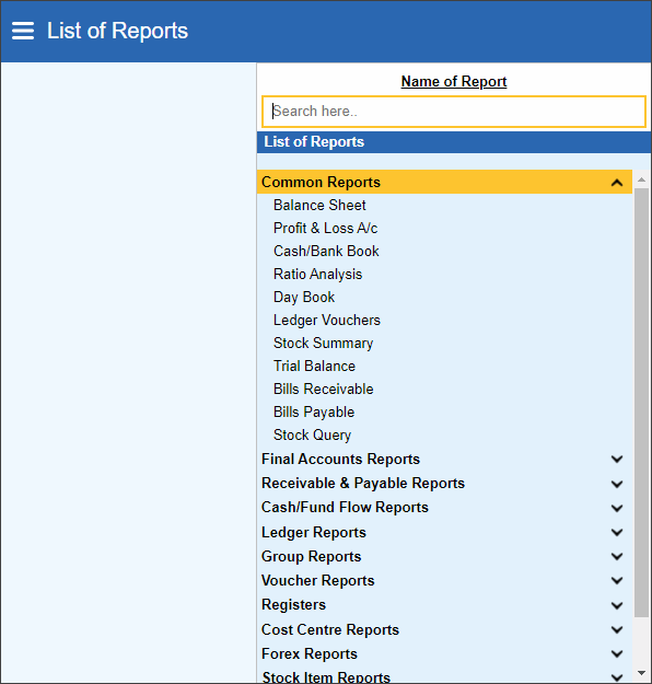 List of TallyPrime Reports in Browser