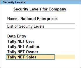 Security Levels for Company in TallyPrime