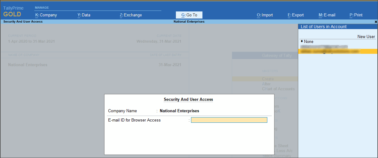 Enter E-mail ID for Security and User Access