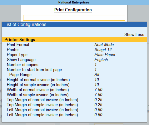 Set invoice print size