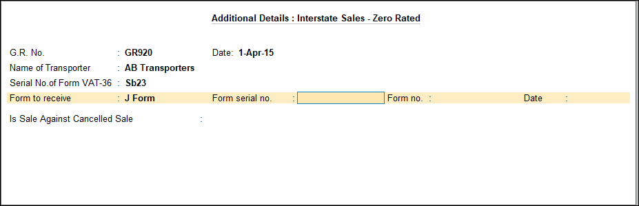 Additional Details : Interstate Sales - Zero Rated