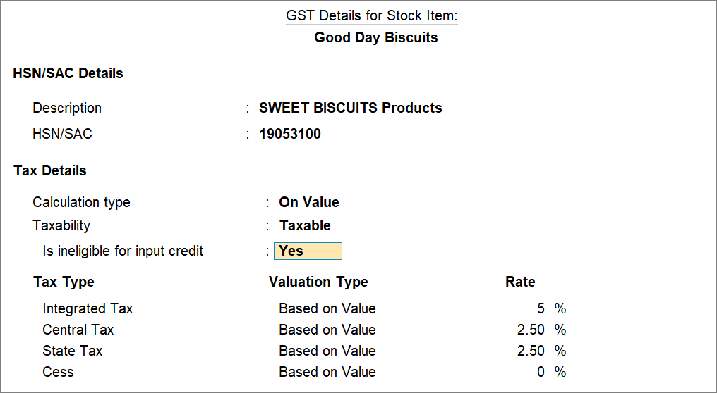 Stock Item Ineligible for Input Tax Credit in TallyPrime