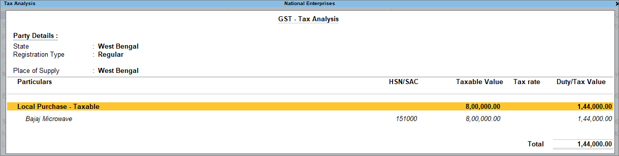 GST - Tax Analysis for Local Purchase of Goods in TallyPrime
