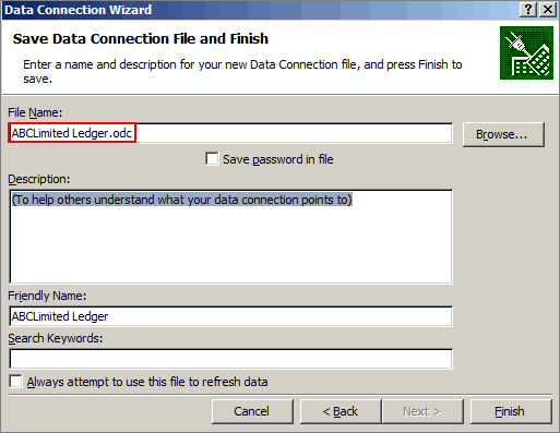 Data Connection Window with File Name in MS Word's Mail Merge