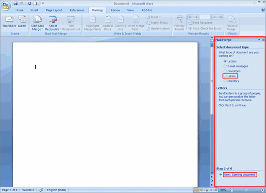 MS Word - Mail Merge Wizard on the Right-hand Side