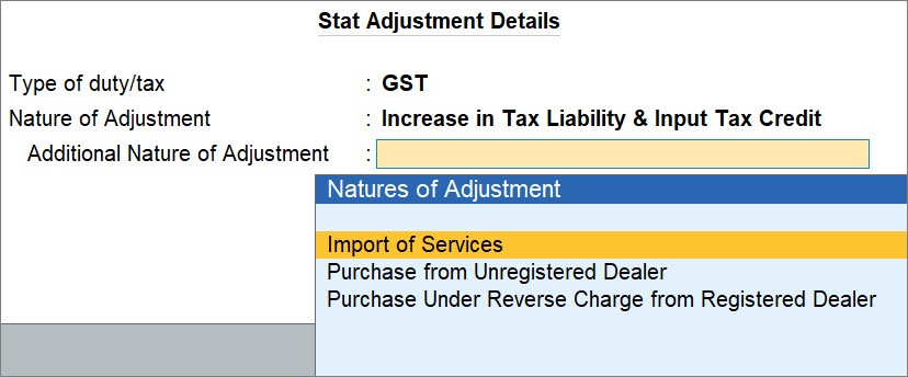 Stat Adjustment Details for Increase in Tax Liability for Imported Services in TallyPrime