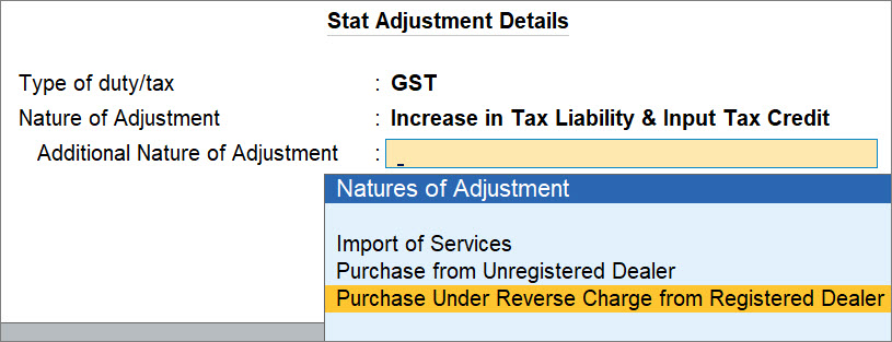 Stat Adjustment Details for Increase in Tax Liability for RCM Purchases in TallyPrime