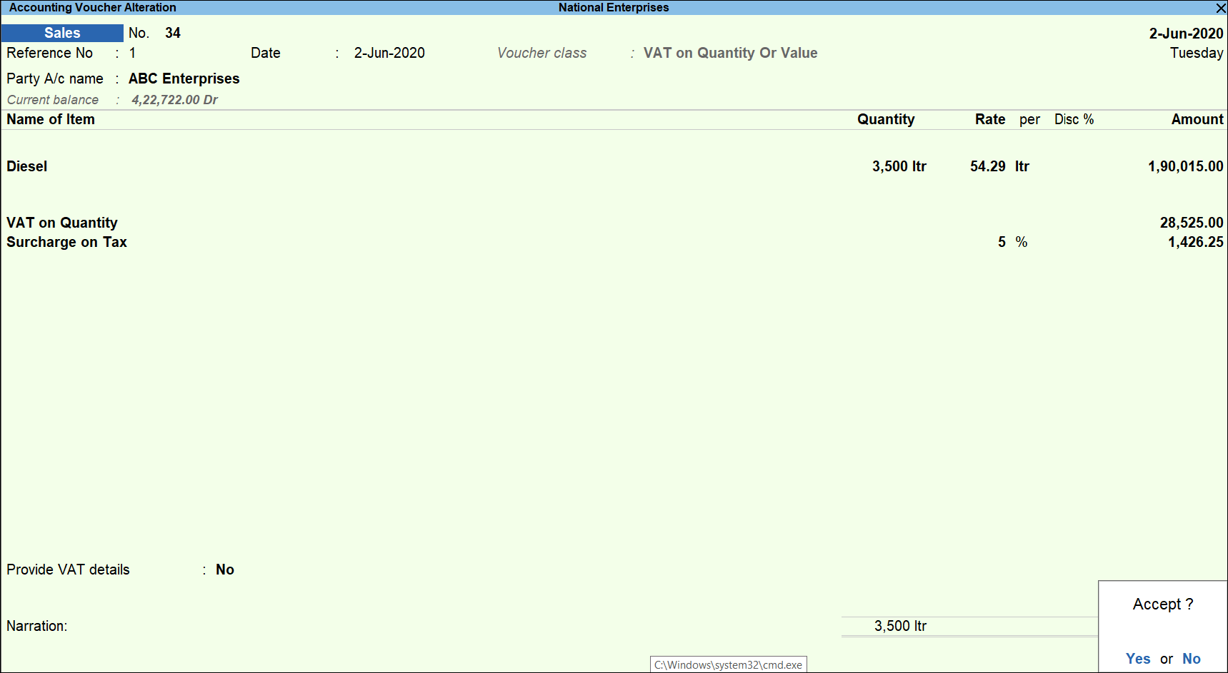 Sales Invoice with VAT on Quantity in TallyPrime