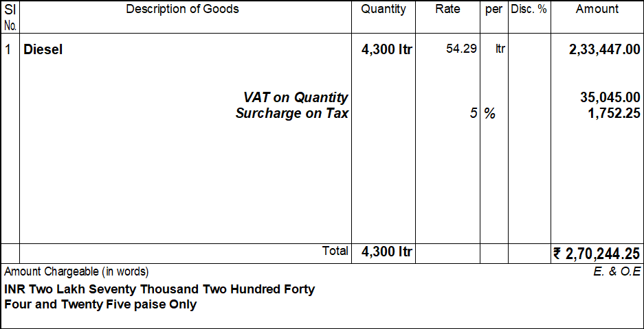 Printed Invoice Displaying Delivery of Diesel with Tax Ledgers