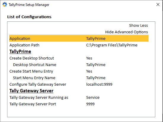 List of configurations for installation of TallyPrime