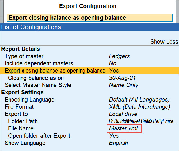 Configure Ledger Export in TallyPrime