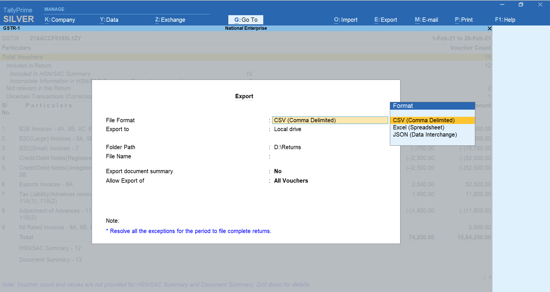 The Export Screen While Exporting Section-Wise CSV Files