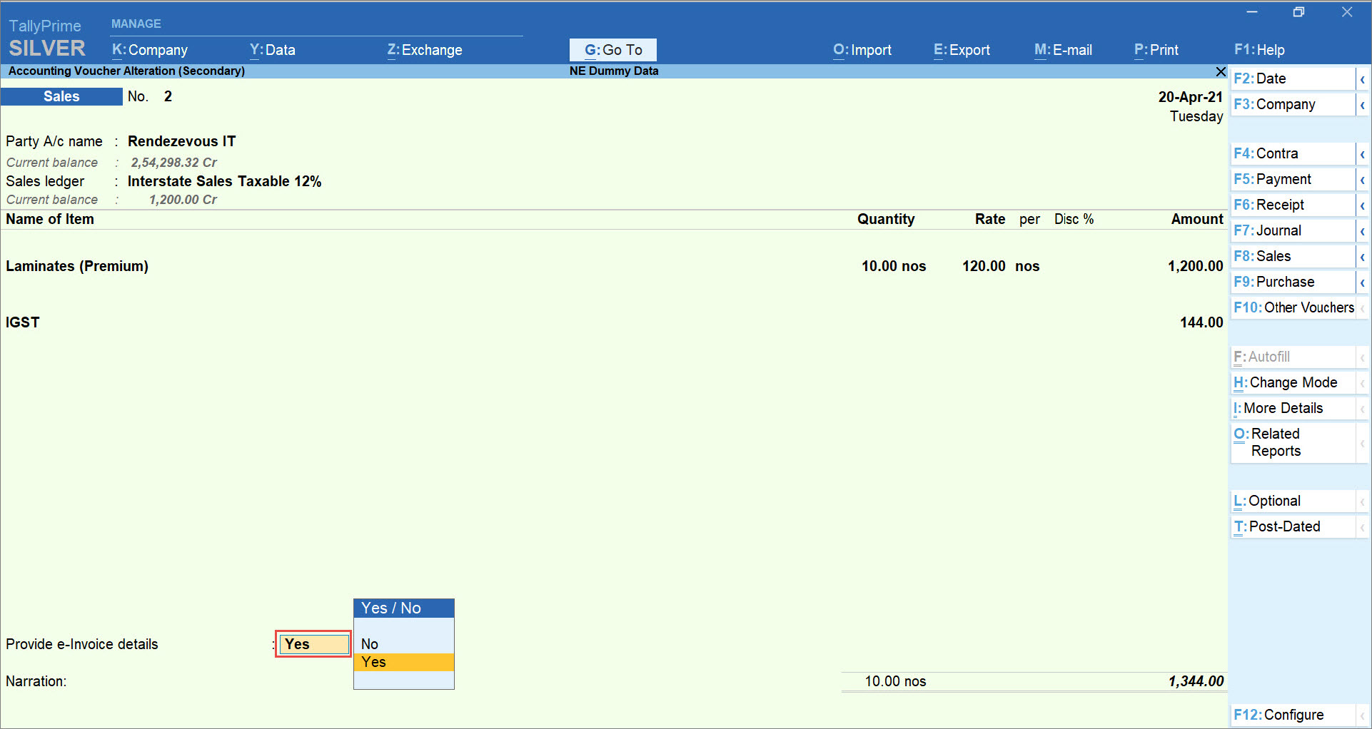 Provide e-Invoice details set to Yes in Sales Transaction in TallyPrime