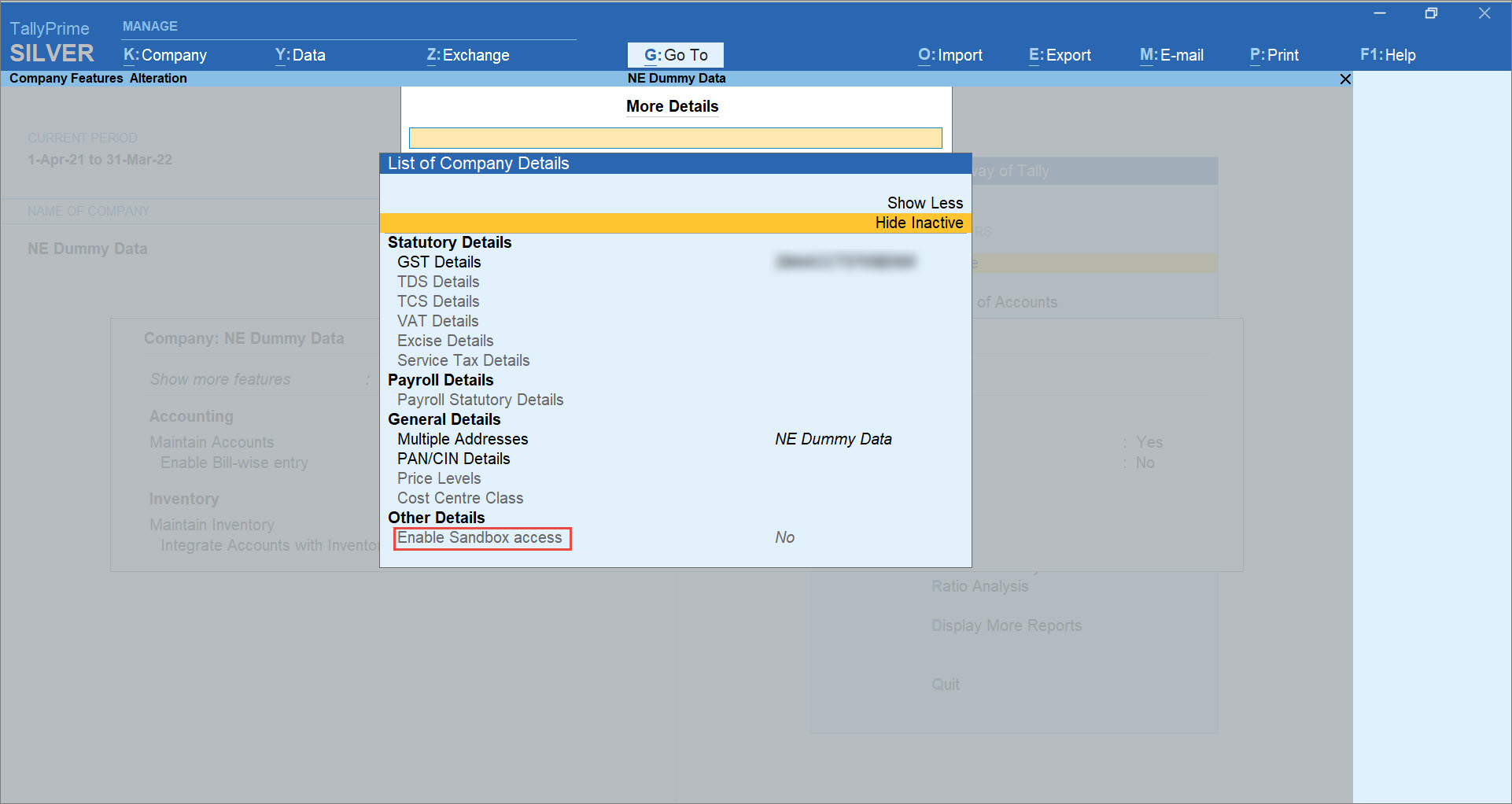 Screen for Enabling Sandbox Access Under More Details of the Company Features in TallyPrime