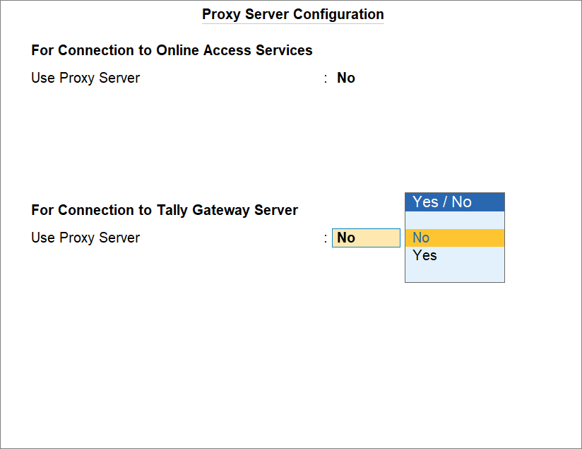 Proxy Server Configuration screen in TallyPrime
