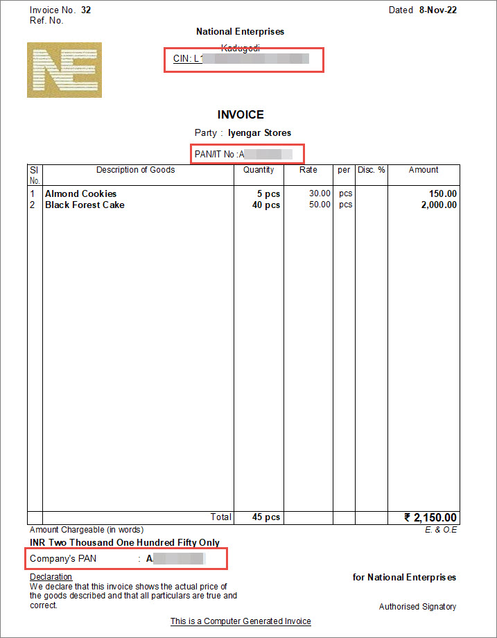 Invoice with PAN and CIN