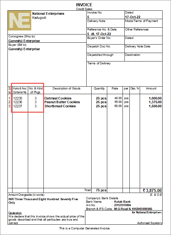 Marks and package no printed in invoice