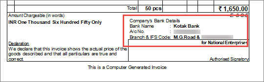 Printing bank details in the invoice