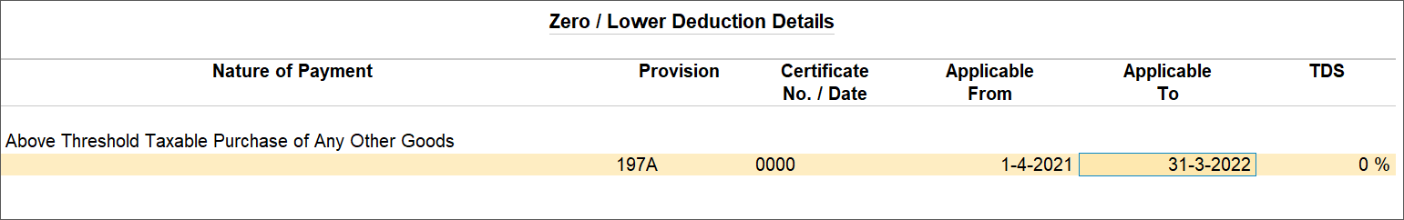 Zero/Lower Deduction Details Screen For Government-Lister Sellers