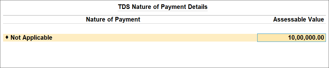 TDS Nature of Payment Details Screen For Purchase Lower Than The Advance