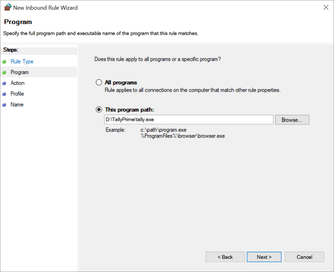 Select Tallyprime EXE for Windows Firewall Exception