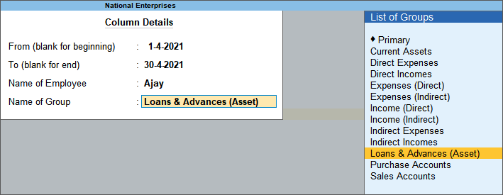 Column Details for employee with Name of Group set as Loans and Advances (Asset) in TallyPrime