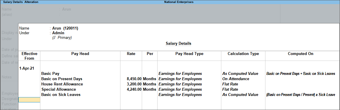 Creation/Alteration of Salary Details for Employee in TallyPrime
