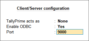 The Client/Server configuration with ODBC enabled and ODBC port number in TallyPrime