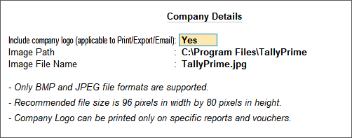 Include Company Logo is set as Yes in Company Details configuration screen
