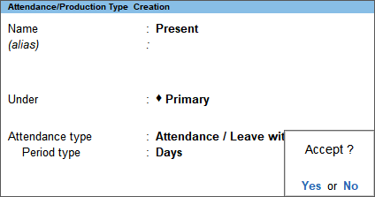 Creation of Attendance Type as Present in TallyPrime