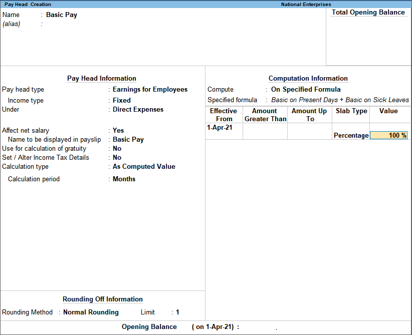 Creation of Basic Pay Pay Head in TallyPrime