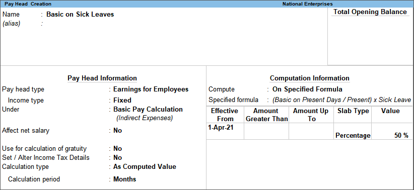 Creation of Pay Head for Basic on Sick Leaves in TallyPrime
