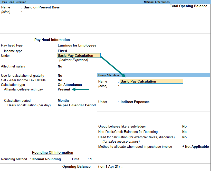 Creation of Pay Head for Basic on Present Days in TallyPrime