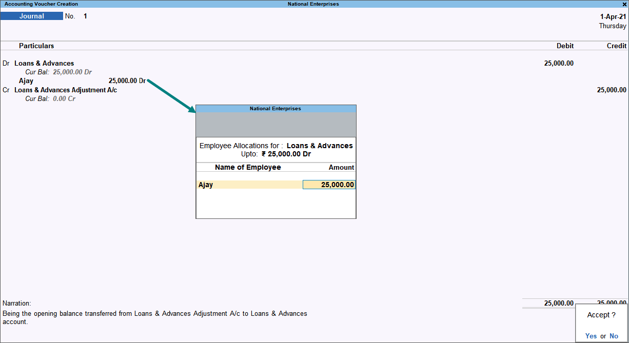 Creation of Journal Voucher for adjustment entry in TallyPrime