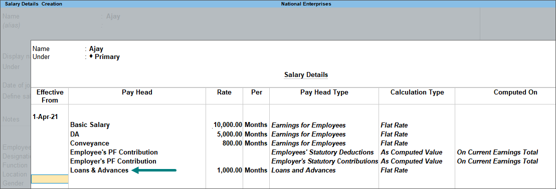 Creation of Salary Details for employees with Pay Heads for Basic Pay, Conveyance, ESI, Loans & Advances in TallyPrime