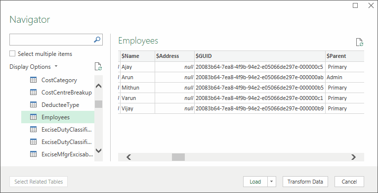 Selection of company and employees from the Navigator screen in Microsoft Excel.
