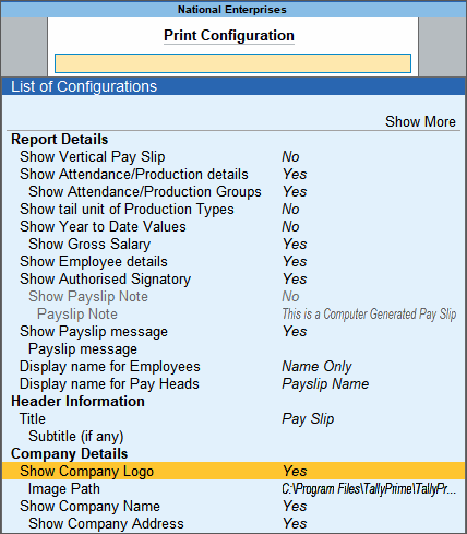 Show Company Logo is set as Yes in Print Configuration Screen in TallyPrime