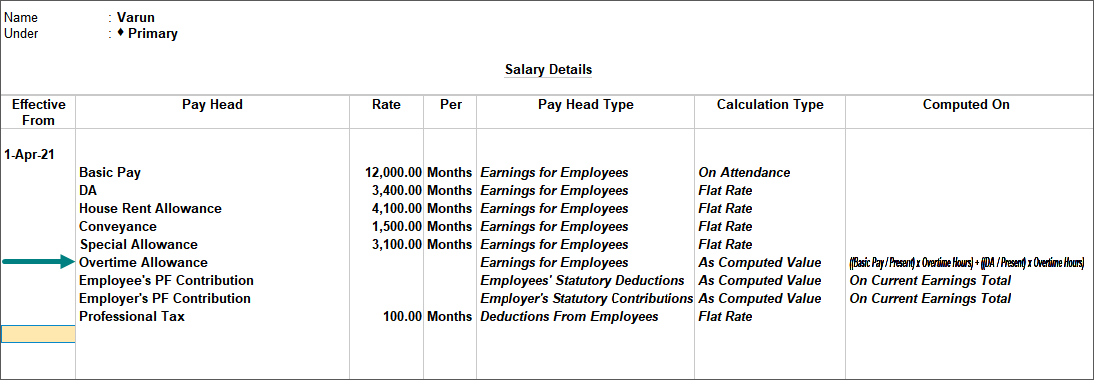 The Salary Details of an employee in TallyPrime