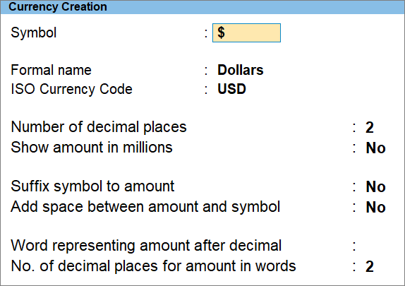 Enter Rate of Exchange as of March 2021 in the Currency Creation Screen in TallyPrime