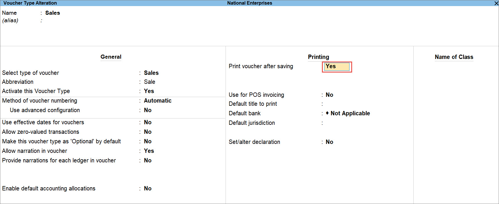 Enable or Disable Print Voucher After Saving for a Voucher Type in TallyPrime